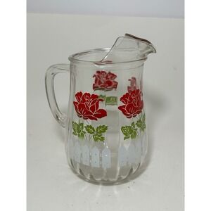 Vintage‎ Glass Pitcher Red Roses White Picket Fence Ice Lip Spout Retro Kitchen